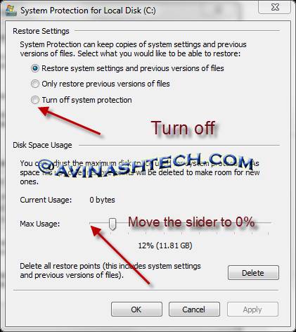 Disbale system restore