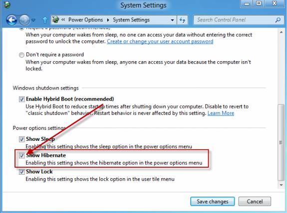 Windows 8 Hibernate option