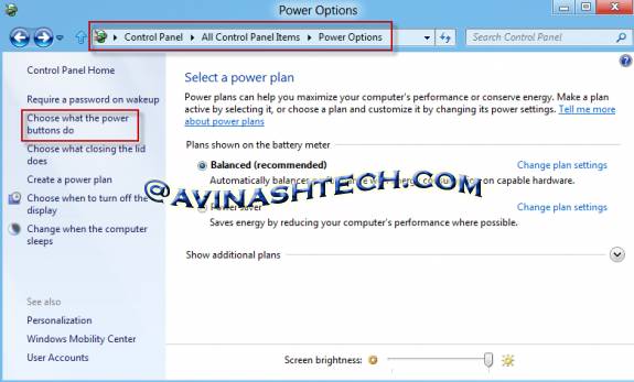 Windows 8 POwer options
