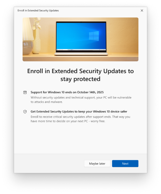 Windows 10 Extended Security Updates enrollment wizard welcome screen