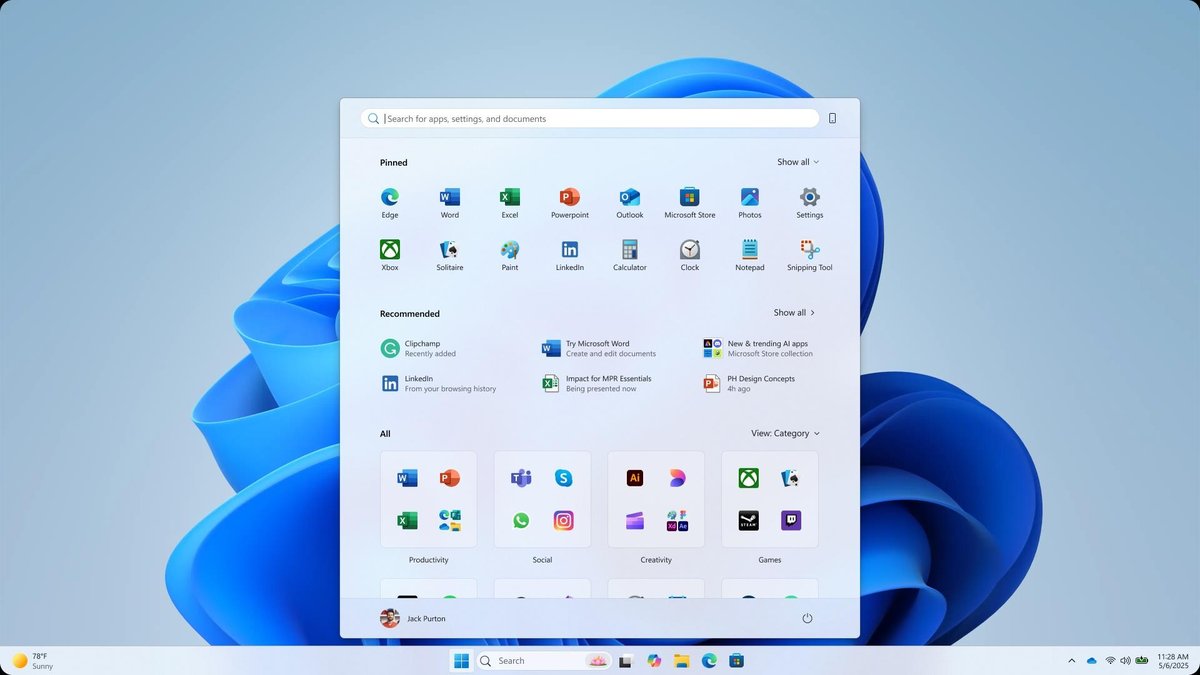 Windows 11 Start menu redesign showing category view with Pinned, Recommended, and All apps sections