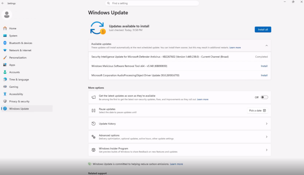 Windows 11 Settings showing the new consolidated Available updates section in Windows Update