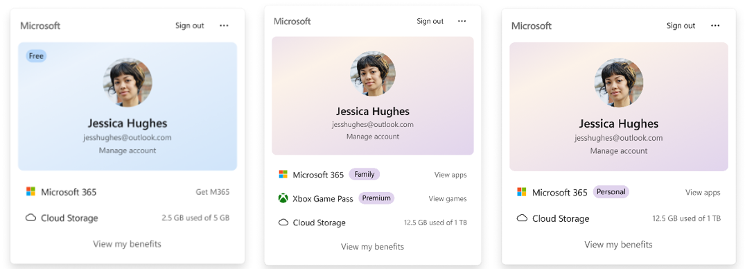 Redesigned Windows 11 Account Control flyout showing subscription badges, account benefits and storage details