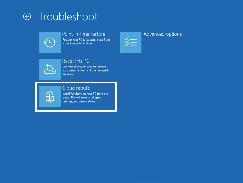 Cloud rebuild option in the Windows Recovery Environment (WinRE) Troubleshoot menu in Windows 11