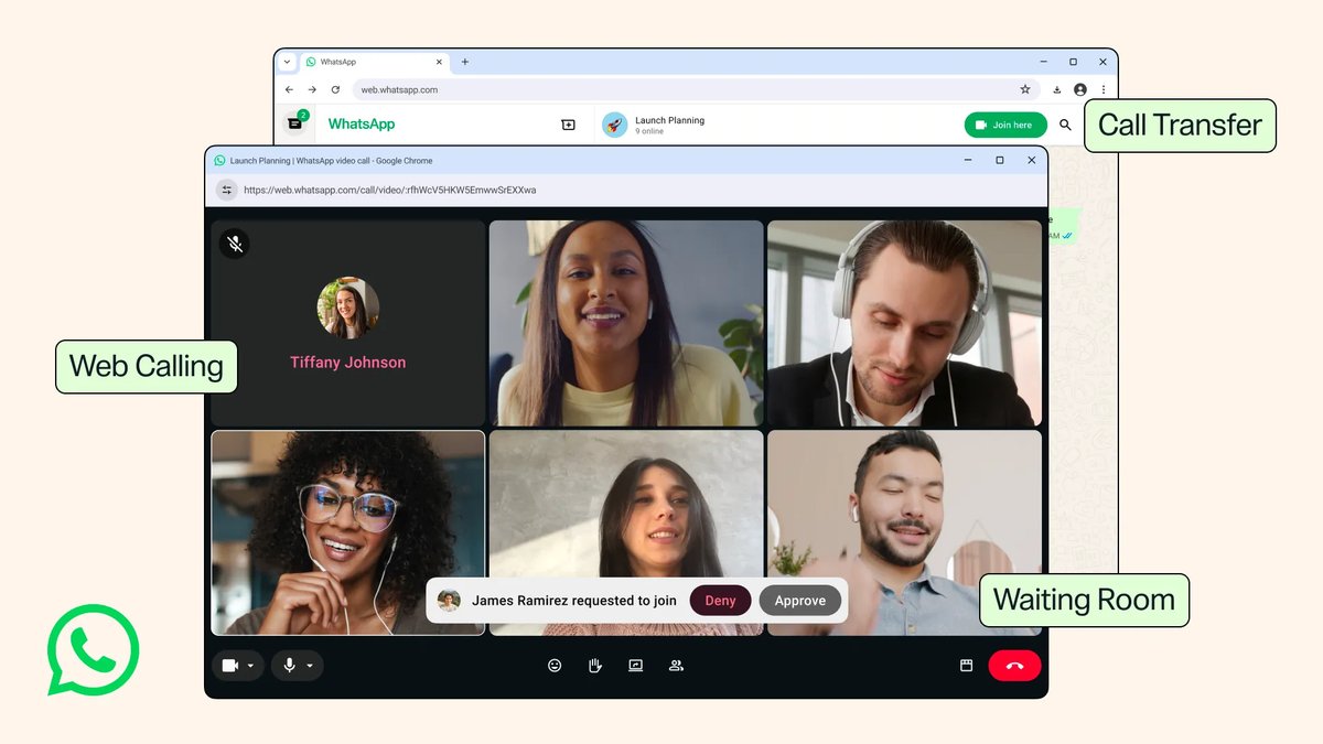 WhatsApp Web calling shown in a browser window with a group video call in progress