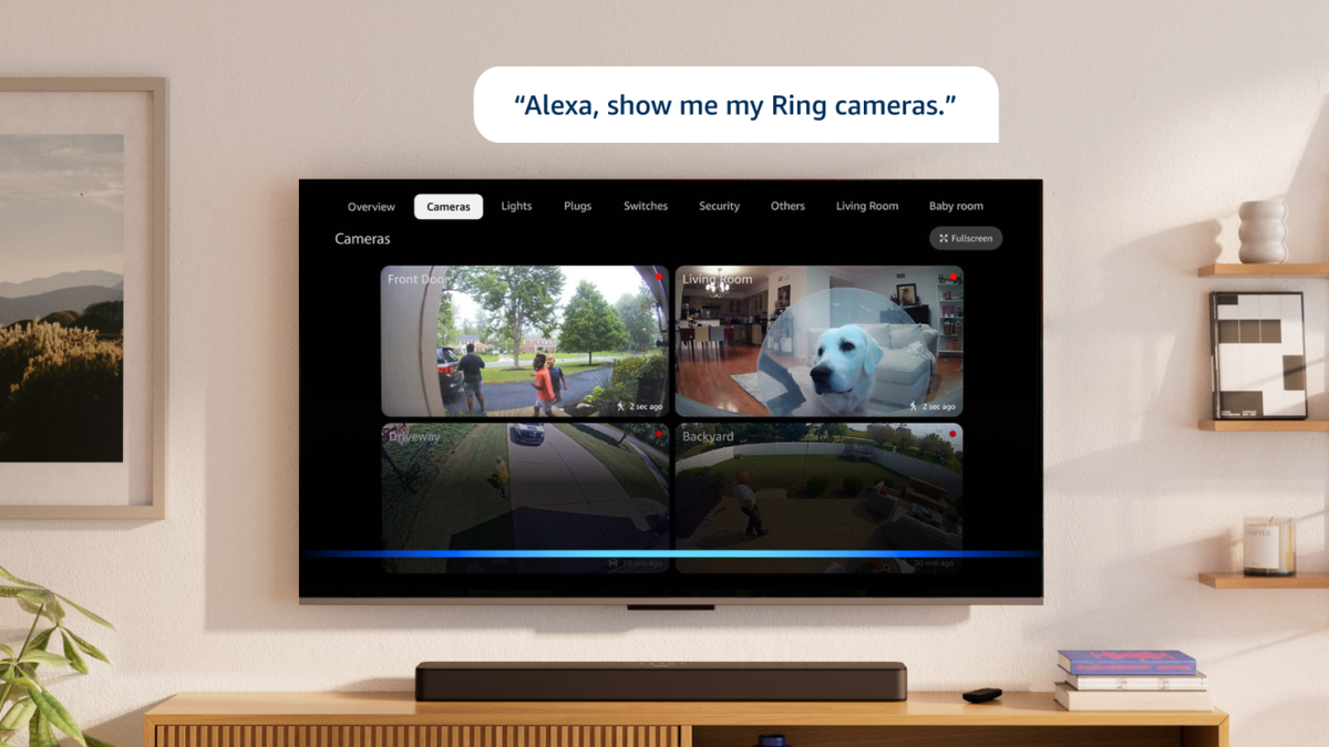 Alexa+ on Fire TV showing four Ring camera feeds on a wall-mounted TV after a voice request