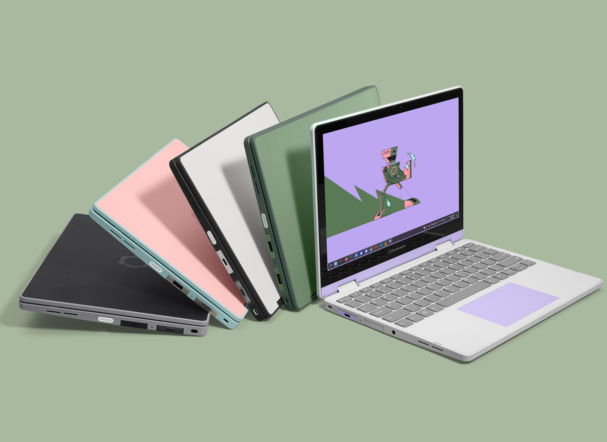 Framework Laptop 12 with Core Series 3 shown in five colourways, one open on a purple desktop