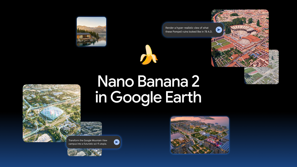 Google Earth AI image generation feature shown transforming an aerial view of a location