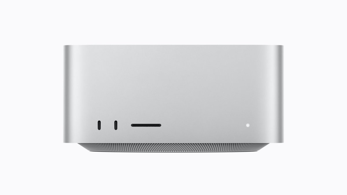 Apple Mac Studio with M5 Max and M5 Ultra, front view showing USB-C ports and SDXC card slot