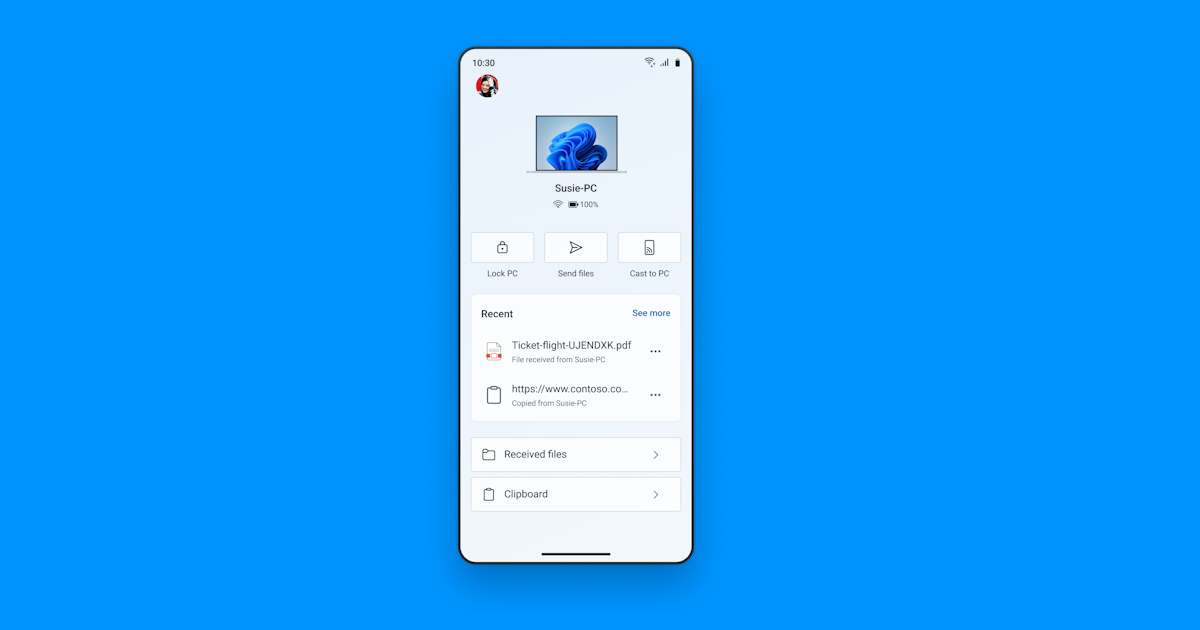 Link to Windows app on an Android phone showing the Lock PC, Send files and Cast to PC remote controls for a Windows 11 PC