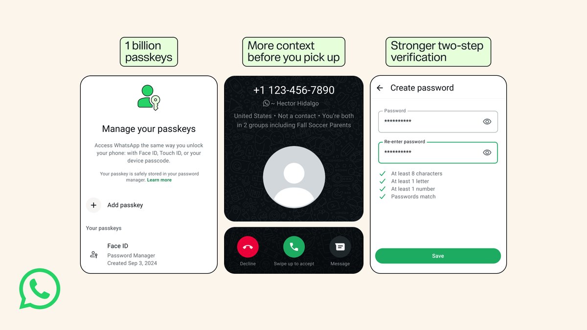 WhatsApp account security features including passkeys and two-step verification