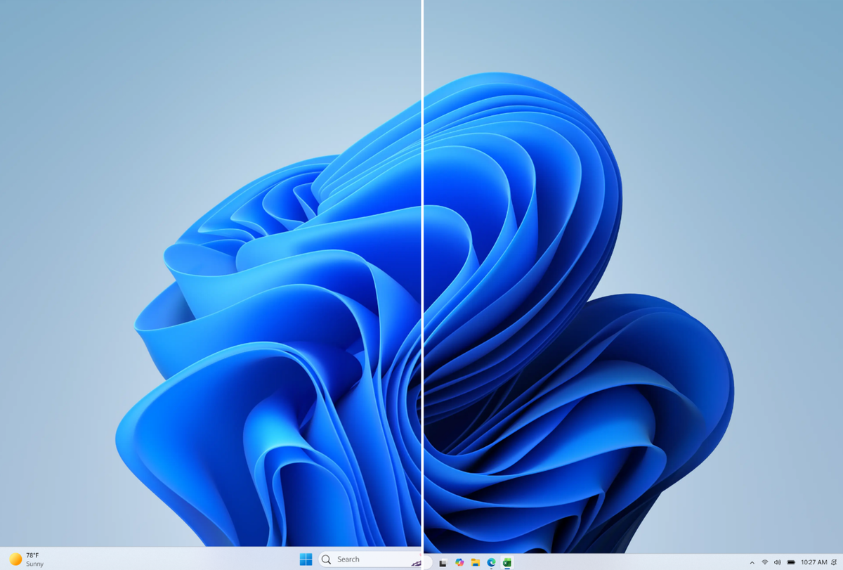 Side by side comparison of the standard Windows 11 taskbar and the smaller taskbar size on the same screen