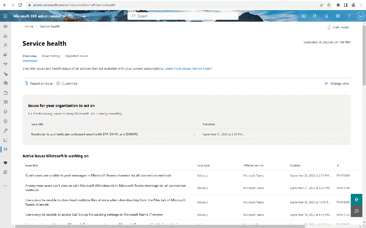 Service health page in the Microsoft 365 admin centre listing active issues and affected services