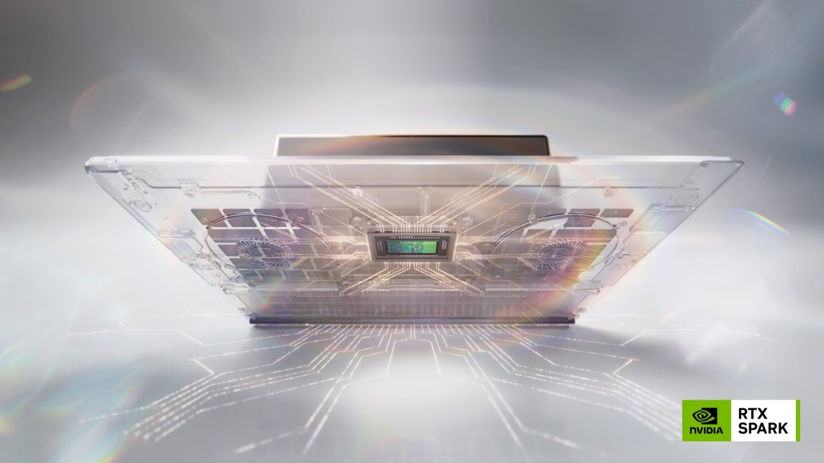 Nvidia RTX Spark laptop shown as a transparent render with the Grace Blackwell chip at the centre