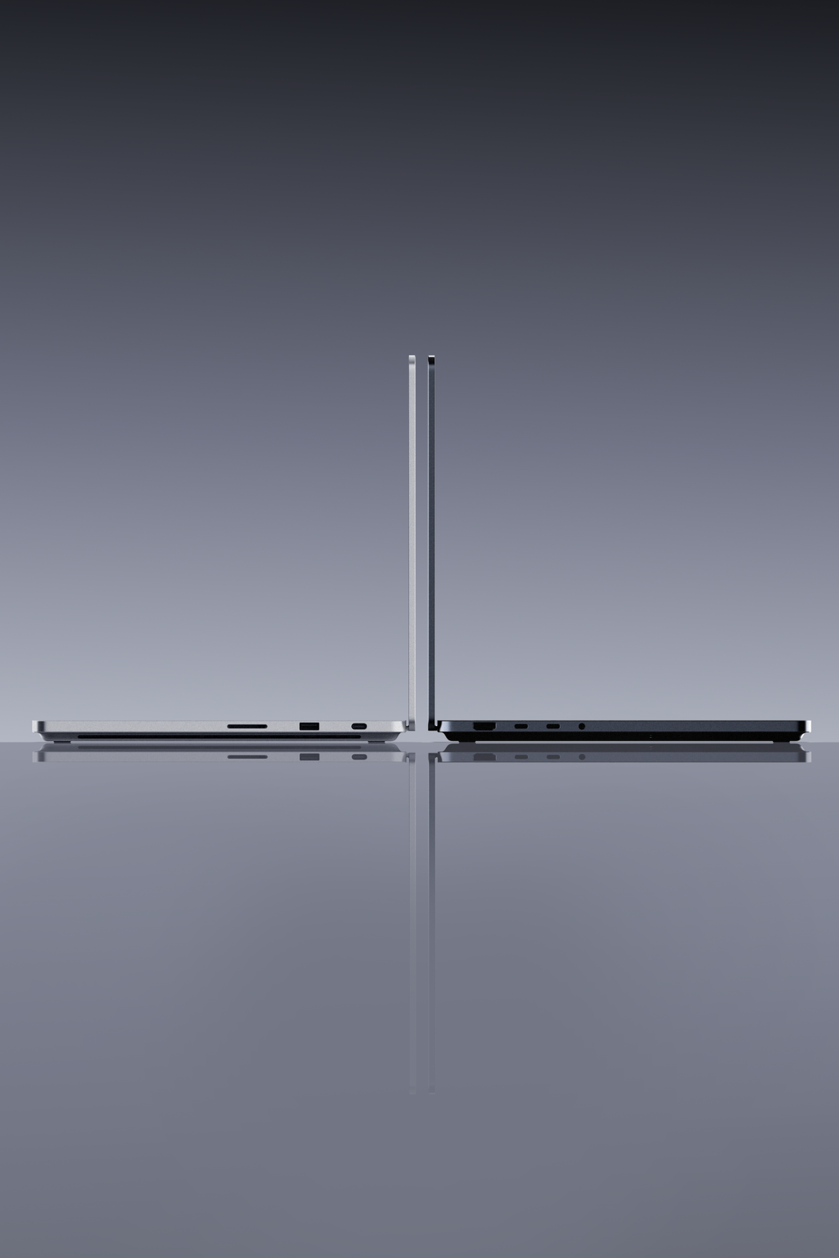 Two Surface Laptop devices in Platinum and Nightfall finishes shown closed, side by side in profile view