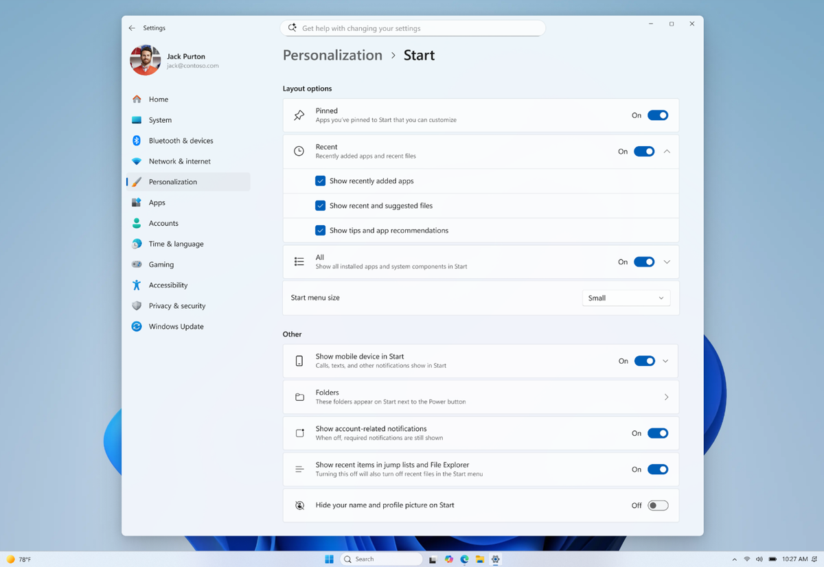 Windows 11 Start settings page with Start menu size dropdown and Hide your name and profile picture toggle