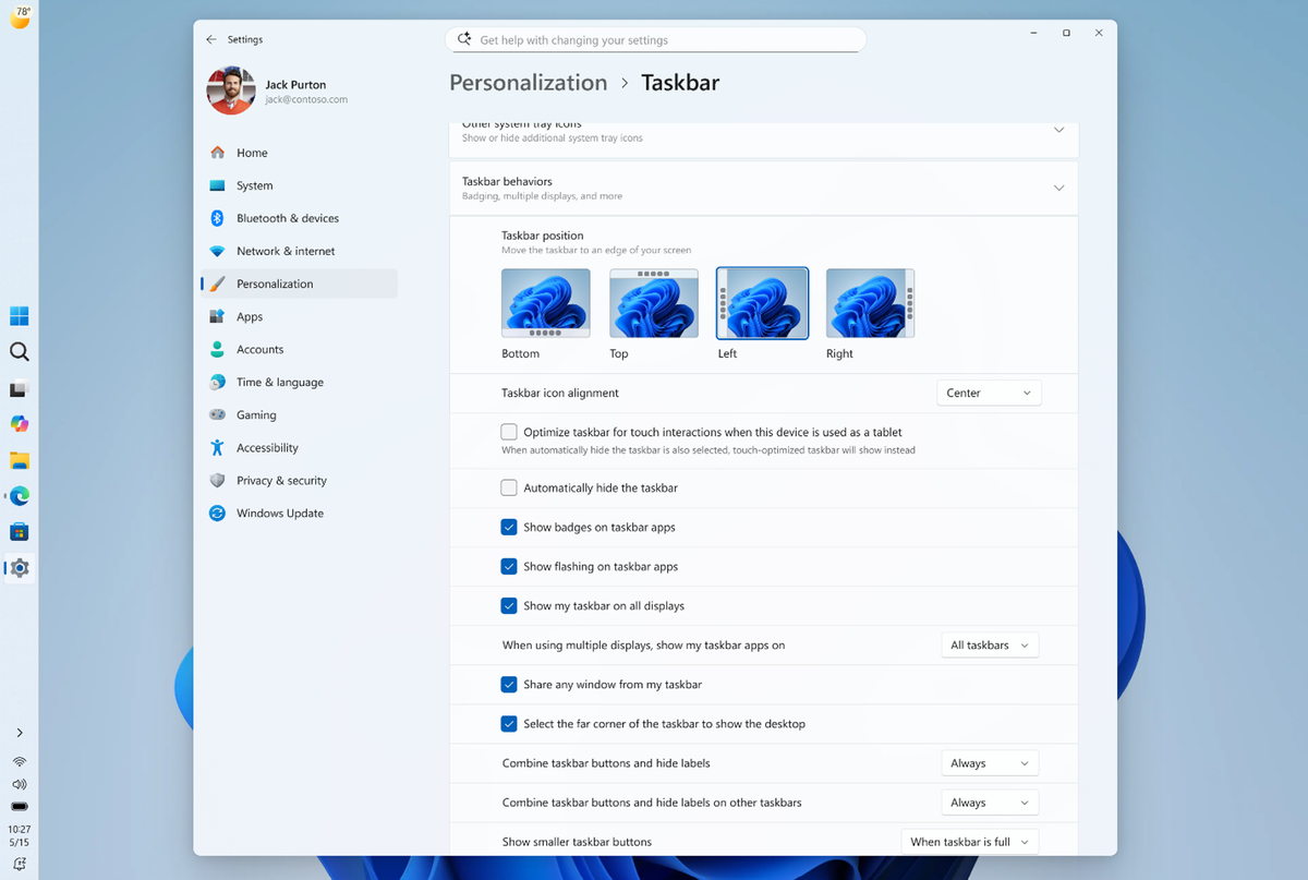 Windows 11 Settings page showing Taskbar position options for Bottom, Top, Left, and Right