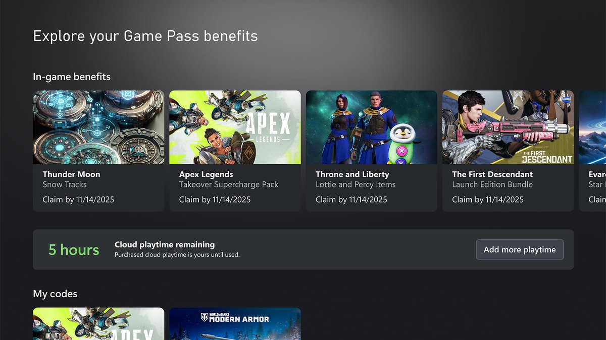 Xbox Game Pass benefits screen showing cloud playtime remaining and an Add more playtime button
